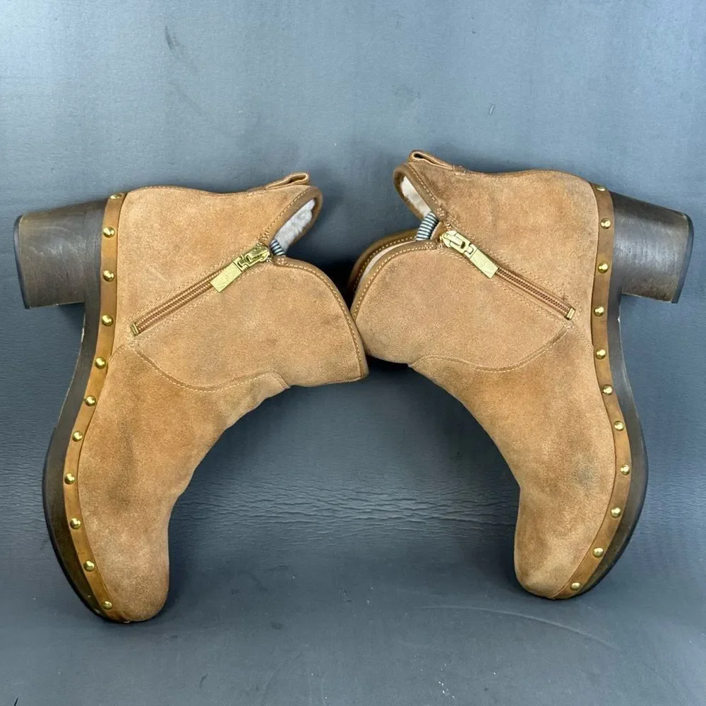 UGG Cam II Suede Sheepskin Clog Heel Ankle Booties Chestnut womens size 10